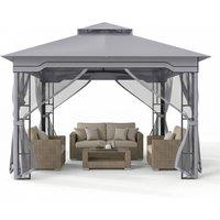 Costway 3.3 x 3.3 M Double Roof Soft Top Patio Gazebo w/ Zippered Mesh Netting in Grey