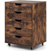 Costway 5 Drawer Chest Rolling Dresser Storage Cabinet w/Lockable Wheels in Brown