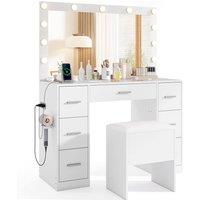 Costway Vanity Desk Set w/ Power Outlets Modern Makeup Table w/Storage Stool in White