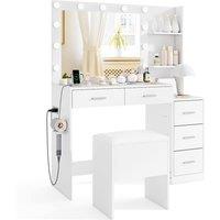 Costway Modern Vanity Desk w/5 Drawers &Stool Makeup Table Set w/Power Outlets in White