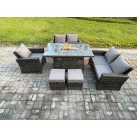 Fimous 7 Seater Rattan Outdoor Garden Furniture Gas Fire Pit Table Sets Gas Heater with Love Sofa Armchair 2 Small Footstools in Dark Grey