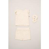 Miss Girl's Textured Top, Shorts & Scrunchie Outfit Set in Cream | Size: 12-18 m