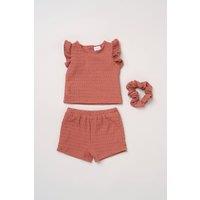 Miss Girl's Textured Top, Shorts & Scrunchie Outfit Set in Terracotta | Size: 9-12 m