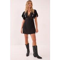 NastyGal Women's Floral Embroidered Lace Cutwork Plunge Mini Dress in Black | Size: 6