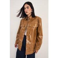 NastyGal Women's Western Vinyl Faux Leather Shoulder Pad Shirt in Camel | Size: 4