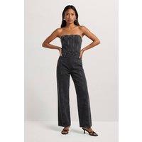 MissPap Women's Bandeau Denim Wide Leg Jumpsuit in Washed Black | Size: 10