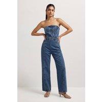 MissPap Women's Bandeau Denim Wide Leg Jumpsuit in Mid Wash | Size: 6