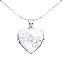 Jewelco London Women's Silver Flower Leaves Engraved Love Heart Locket Pendant Necklace