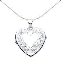 Jewelco London Women's Silver Flower Leaves Engraved Love Heart Locket Pendant Necklace