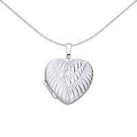 Jewelco London Women's Silver Engraved Angel Wings Love Heart Locket Pendant Necklace