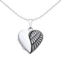 Jewelco London Women's 925 Silver Oxidised Angel Wing Love Heart Locket Pendant Necklace