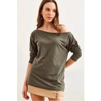 HOXTON GAL Women's Regular Fit Boat Neck Long Sleeve Draped Jumper in Khaki | Size: Small
