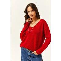 HOXTON GAL Women's Regular Fit Soft Knit V-Neck Sweater in Red | Size: Medium