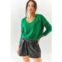 HOXTON GAL Women's Regular Fit Soft Knit V-Neck Sweater in Green | Size: Medium