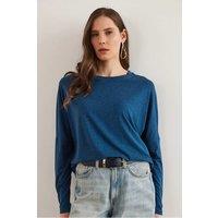HOXTON GAL Women's Regular Fit Crew Neck Batwing Wool Sweater in Indigo | Size: Large