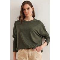 HOXTON GAL Women's Regular Fit Crew Neck Batwing Wool Sweater in Khaki | Size: Large