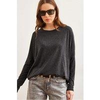 HOXTON GAL Women's Regular Fit Crew Neck Batwing Wool Sweater in Black | Size: Large