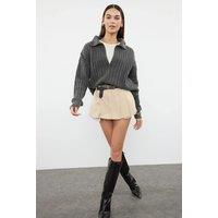 HOXTON GAL Women's Oversized Ribbed Knit Sweater with Polo Collar & Deep V-Neck in Dark Grey | Size: Small