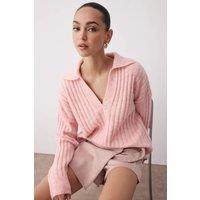 HOXTON GAL Women's Oversized Ribbed Knit Sweater with Polo Collar & Deep V-Neck in Pink | Size: Small
