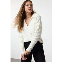 HOXTON GAL Women's Oversized Ribbed Knit Sweater with Polo Collar & Deep V-Neck in White | Size: Small