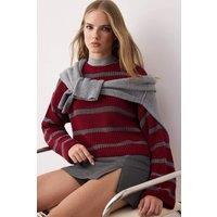 HOXTON GAL Women's Cropped Oversized Striped Knit Sweater in Burgundy | Size: Small