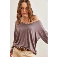 HOXTON GAL Women's Regular Fit Casual V-Neck Blouse with Stitch Detail in Beige | Size: Large