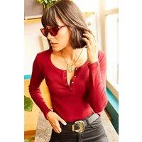 HOXTON GAL Women's Slim Fit Striped Ribbed Long Sleeve Top with Button Placket in Burgundy | Size: XL