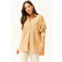 HOXTON GAL Women's Regular Fit Chic Button-Down Shirt with Crystal Embellishments in Camel | Size: Small