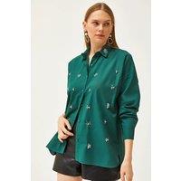 HOXTON GAL Women's Regular Fit Chic Button-Down Shirt with Crystal Embellishments in Green | Size: Small