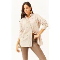HOXTON GAL Women's Regular Fit Chic Button-Down Shirt with Crystal Embellishments in Beige | Size: Large
