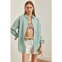 HOXTON GAL Women's Oversized Muslin Button-Up Shirt with Front Pockets in Light Green | Size: Medium