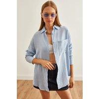 HOXTON GAL Women's Oversized Muslin Button-Up Shirt with Front Pockets in Light Blue | Size: Small