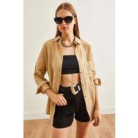 HOXTON GAL Women's Oversized Muslin Button-Up Shirt with Front Pockets in Camel | Size: Small