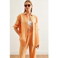 HOXTON GAL Women's Oversized Muslin Button-Up Shirt with Front Pockets in Orange | Size: Small