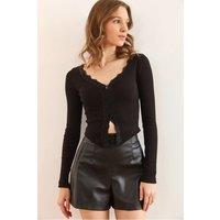 HOXTON GAL Women's Slim Fit Lace Detail Blouse in Black | Size: Large