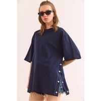 HOXTON GAL Women's Regular Fit 100% Cotton T-Shirt with Side Buttons in Navy | Size: Medium