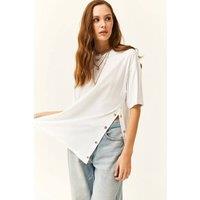 HOXTON GAL Women's Regular Fit 100% Cotton T-Shirt with Side Buttons in White | Size: XL
