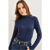 HOXTON GAL Women's Slim Fit High-Neck Draped Soft Touch Blouse in Navy | Size: Medium
