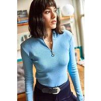 HOXTON GAL Women's Slim Fit Ribbed Zip Neck Stretch Top in Baby Blue | Size: Large