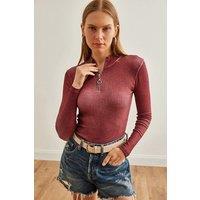 HOXTON GAL Women's Slim Fit Ribbed Zip Neck Stretch Top in Burgundy | Size: Large