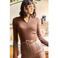 HOXTON GAL Women's Slim Fit Ribbed Zip Neck Stretch Top in Dark Brown | Size: Large