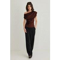 HOXTON GAL Women's Regular Fit Asymmetric Off-Shoulder Draped Knit Blouse in Brown | Size: Medium
