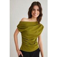 HOXTON GAL Women's Regular Fit Asymmetric Off-Shoulder Draped Knit Blouse in Green | Size: Medium
