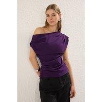 HOXTON GAL Women's Regular Fit Asymmetric Off-Shoulder Draped Knit Blouse in Purple | Size: XL
