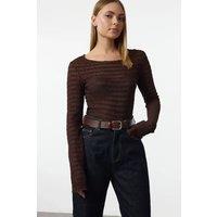 HOXTON GAL Women's Fitted Stretch Knit Top with Mesh Detail in Brown | Size: Medium