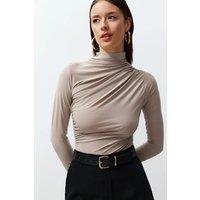 HOXTON GAL Women's Fitted Ruched Asymmetric High Neck Knit Top with Long Sleeve in Stone | Size: Small