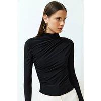 HOXTON GAL Women's Fitted Ruched Asymmetric High Neck Knit Top with Long Sleeve in Black | Size: Large