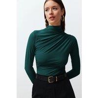 HOXTON GAL Women's Fitted Ruched Asymmetric High Neck Knit Top with Long Sleeve in Green | Size: XL