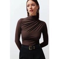 HOXTON GAL Women's Fitted Ruched Asymmetric High Neck Knit Top with Long Sleeve in Brown | Size: XL