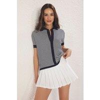 HOXTON GAL Women's Fitted Striped Polo Knit Top with Short Sleeve in Navy | Size: Medium
